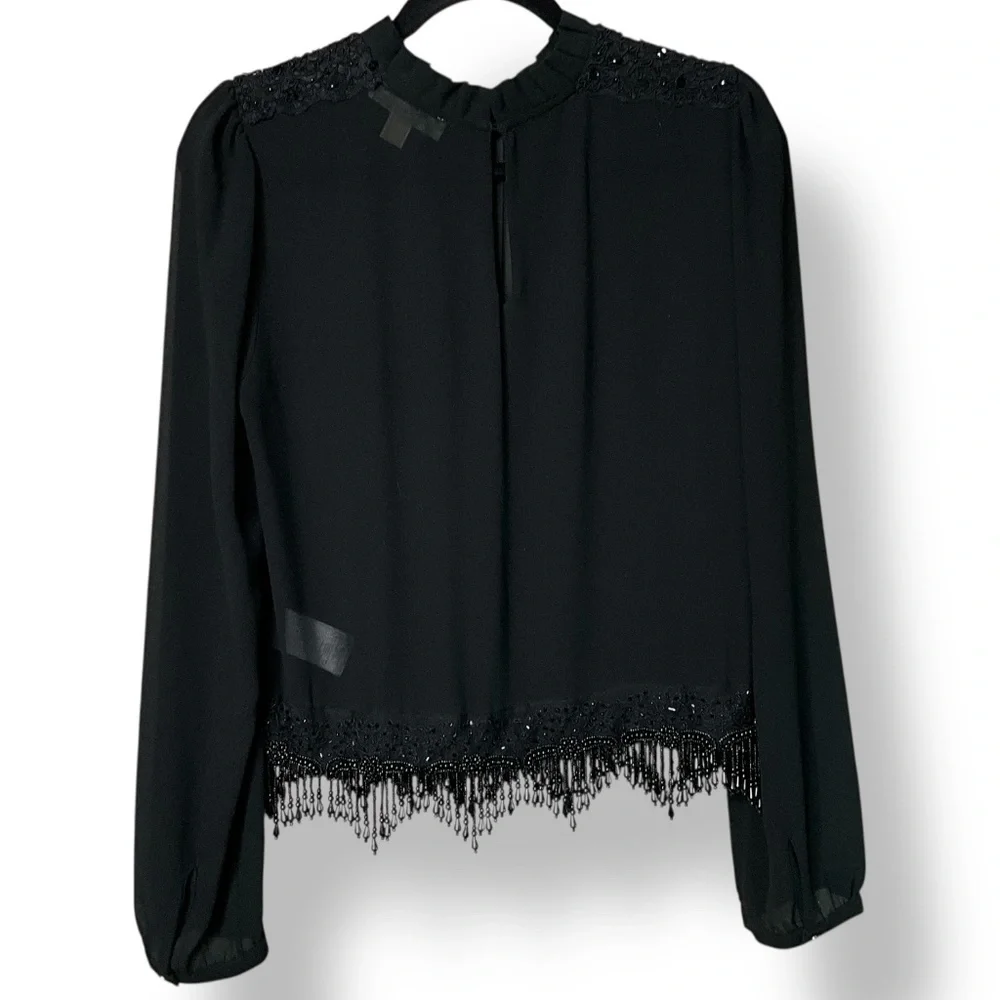 MICHAEL MICHAEL KORS Black Beaded Long Sleeve Fancy Easy Care Poly Blouse Sz M - Picture 4 of 12